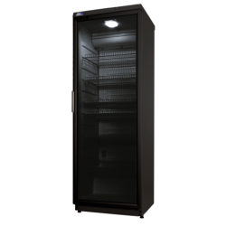 Flaschenkühlschrank CD 350 l, schwarz mit Glastür, fahrrbar mit 4 Gitterböden weiß lasiert, 230V/0,23 kW, 600x600x1840 mm (B/T/H) inkl. Rollbrett